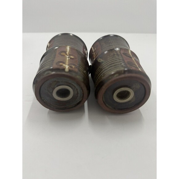 Japan Art Pottery Salt Pepper, 2 Jam Jars W/ Spoons MCM Boho Wood Pedestal Raku - Picture 8 of 12